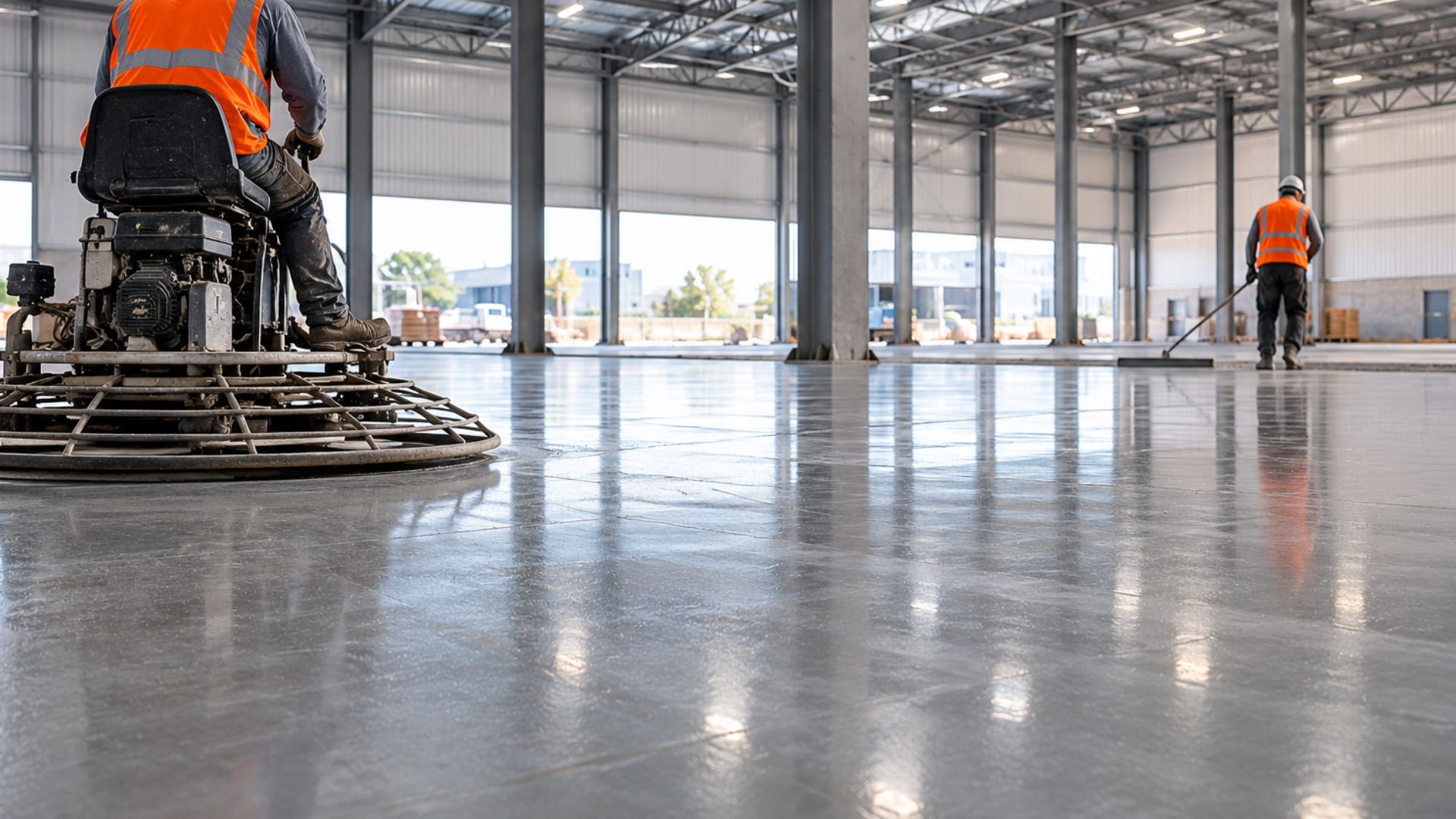 Operário em uniforme laranja de segurança aplicando acabamento em piso de concreto polido dentro de galpão industrial amplo com estrutura metálica, piso reflexivo, paleta cinza e laranja, luz natural entrando pelos portões, fotografia realista