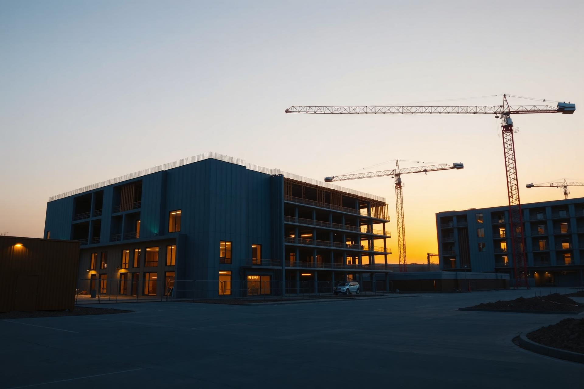 Canteiro de obras ao entardecer com prédio de concreto em construção, estrutura metálica e guindastes de torre silhuetados contra o céu alaranjado do pôr do sol, fotografia realista